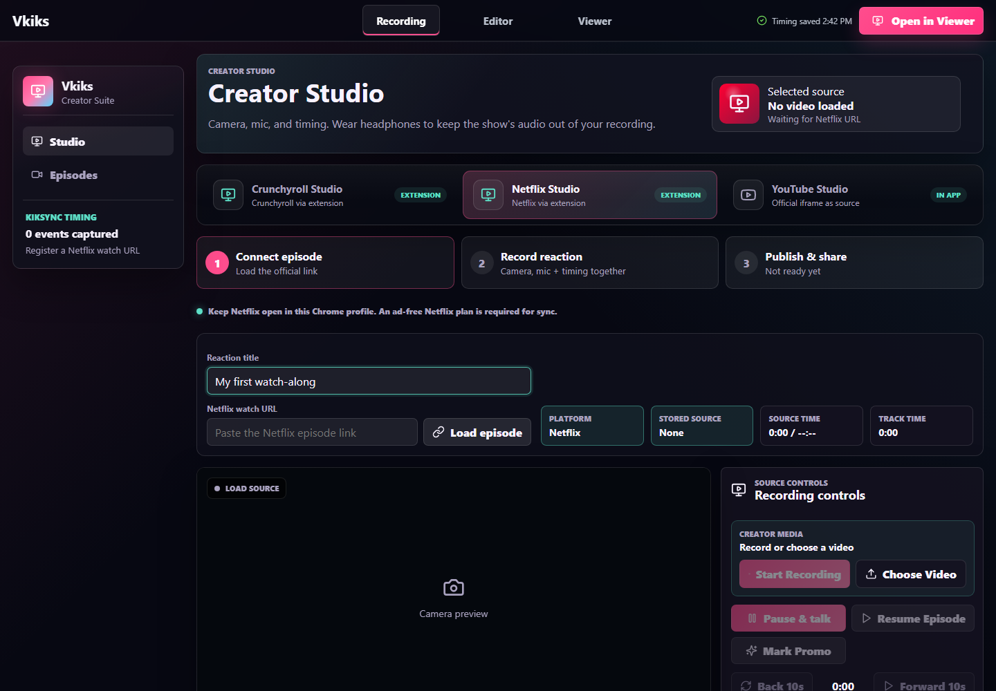 V-Kiks Creator Studio with episode setup, recording controls, and the source, record, and publish progression.